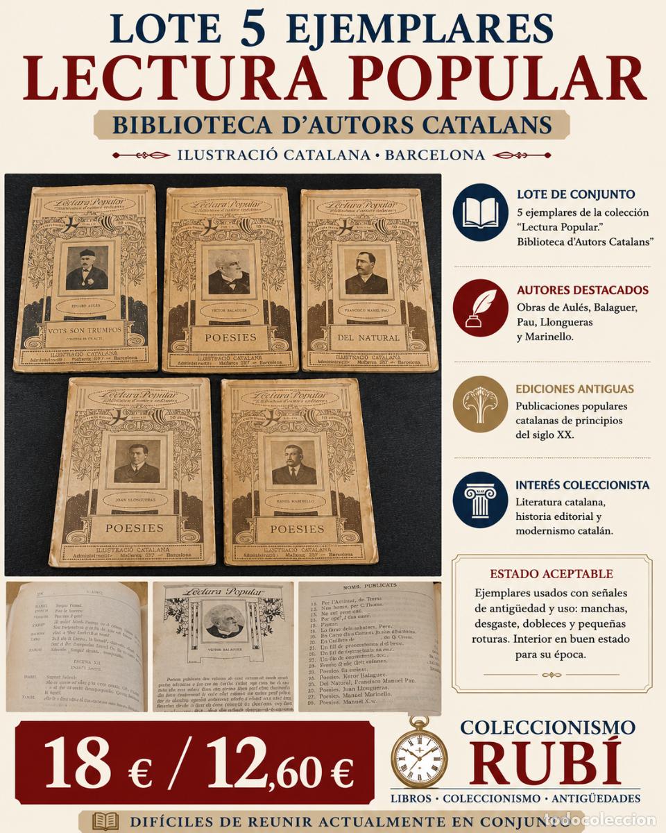 Libros antiguos: LOTE 5 EJEMPLARES LECTURA POPULAR | BIBLIOTECA D'AUTORS CATALANS | ILUSTRACI&Oacute; CATALANA