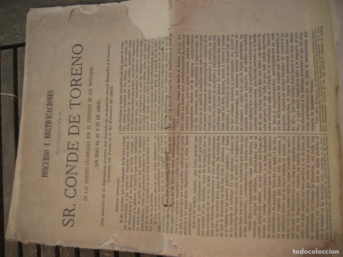 Libros antiguos: Discurso y rectificaciones del Sr Conde de Toreno 1882 Tratado de Francia ,productores de vino