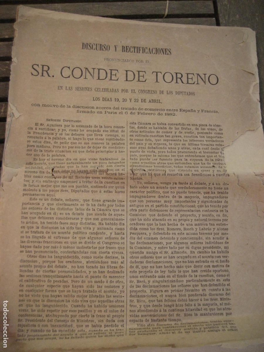 Libros antiguos: Discurso y rectificaciones del Sr Conde de Toreno 1882 Tratado de Francia , productores de vino