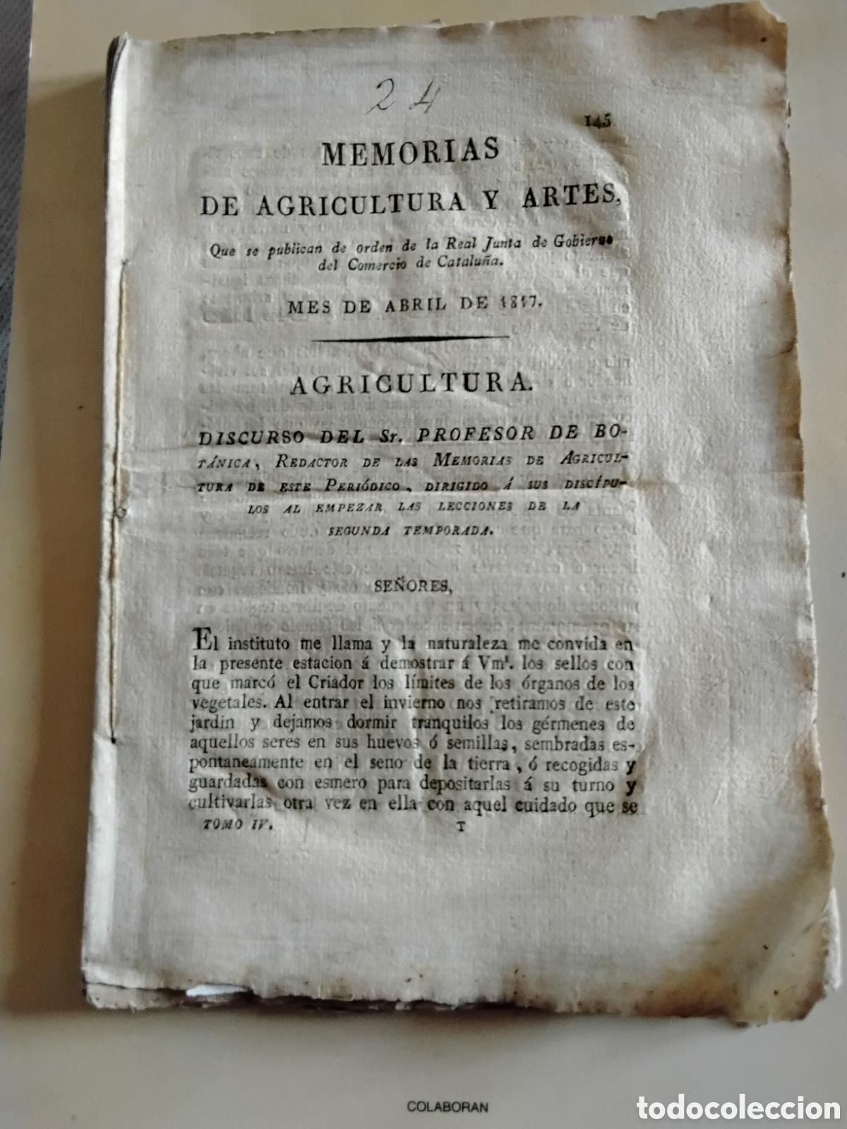 Libros antiguos: MEMORIAS DE AGRICULTURA Y ARTES. REAL JUNTA DE GOBIERNO DEL COMERCIO DE CATALU&Ntilde;A. AGRICULTURA. 1817