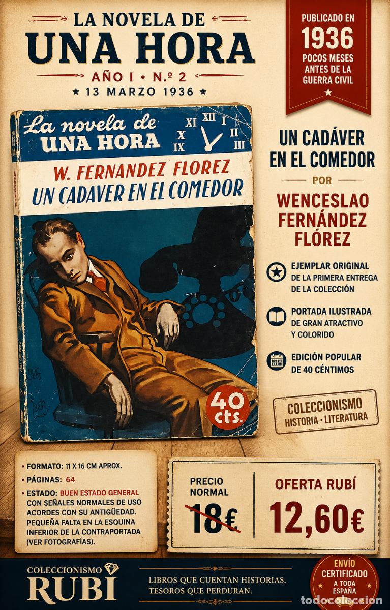 Libros antiguos: A&Ntilde;O 1936 | LA NOVELA DE UNA HORA N.&ordm; 2 | UN CAD&Aacute;VER EN EL COMEDOR | W. FERN&Aacute;NDEZ FL&Oacute;REZ
