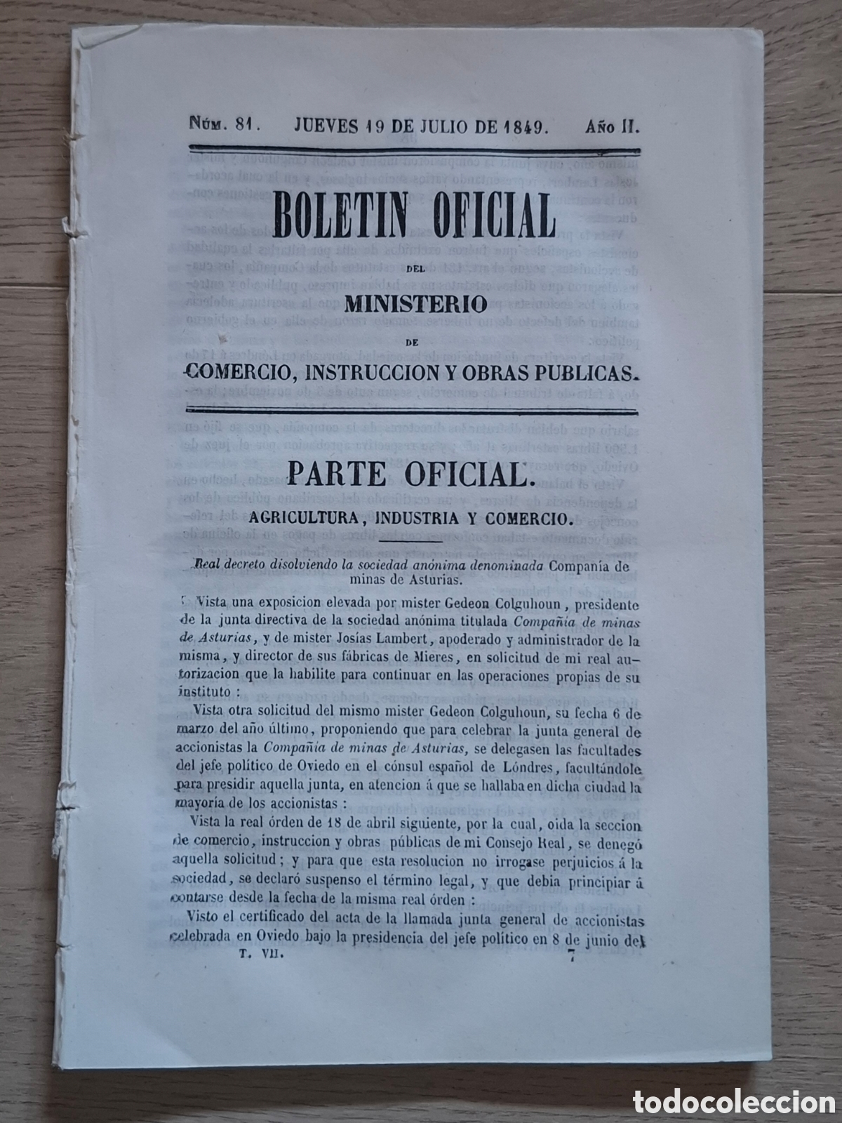 Libros antiguos: Disoluci&oacute;n Compa&ntilde;&iacute;a de minas de Asturias. Bolet&iacute;n Oficial del Ministerio de Comercio 1849 Arag&oacute;n