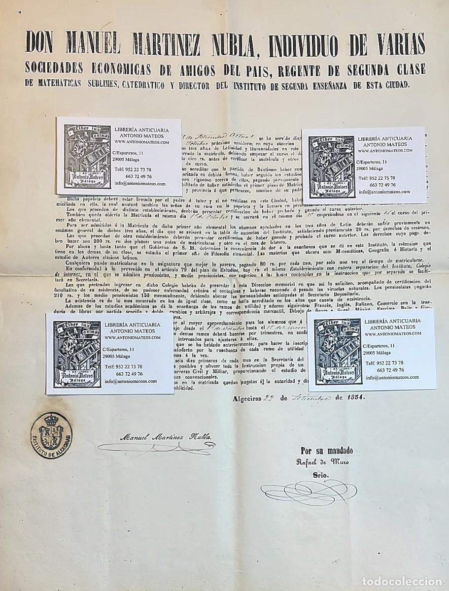 Libros antiguos: Sobre los plazos de matr&iacute;cula del Instituto de Algeciras para el curso 1854-55