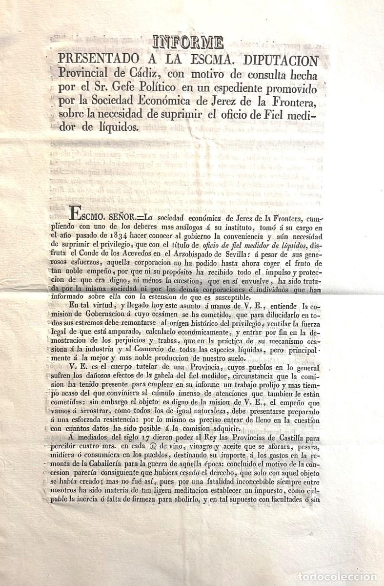 Libros antiguos: Informe de la Soc. Econ&oacute;mica de Jerez de la Frontera sobre suprimir oficio de medidor de l&iacute;quidos.