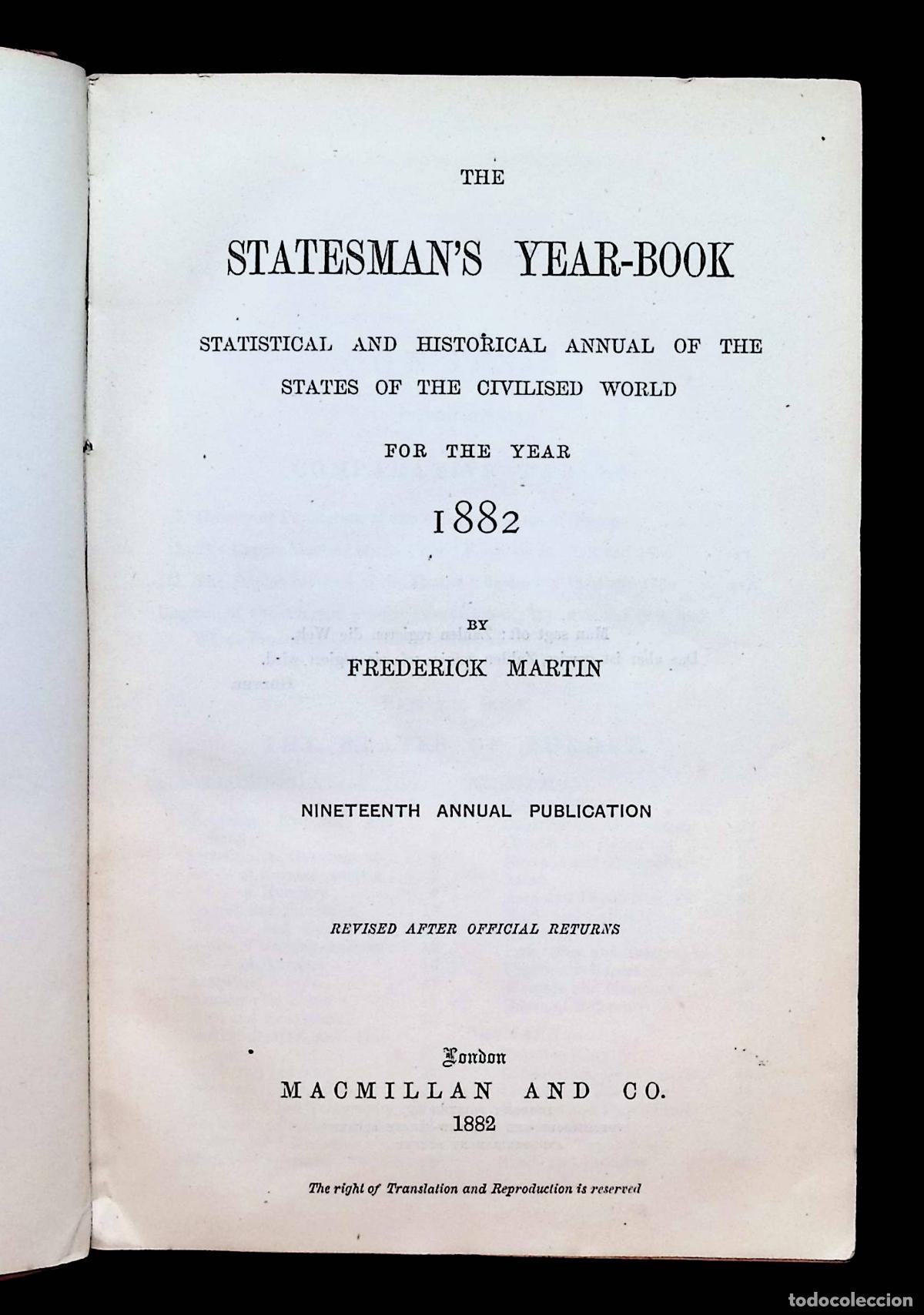 Libros antiguos: THE STATESMAN'S YEAR-BOOK. Statistical and historical annual... for the year 1882. MARTIN, Frederick