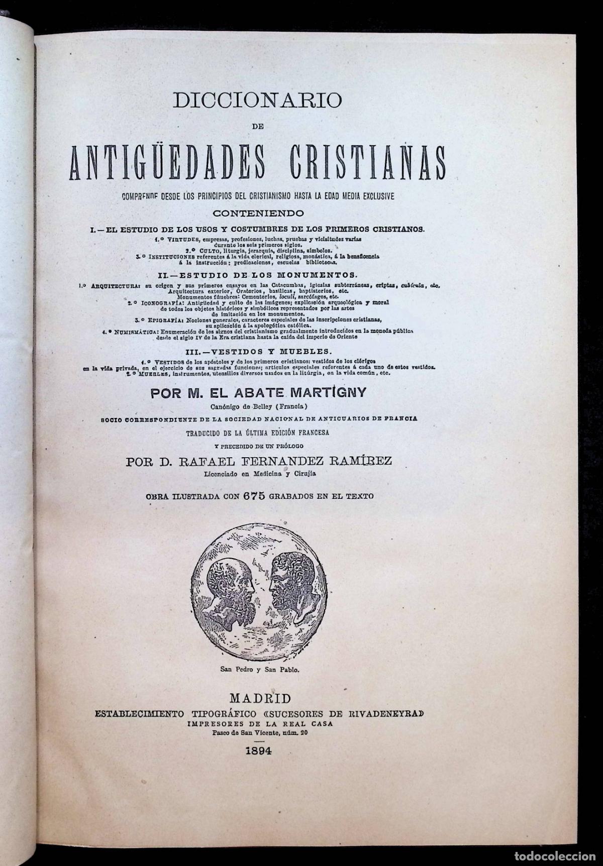 Livros antigos: DICCIONARIO DE ANTIG&Uuml;EDADES CRISTIANAS. Comprende desde los principios del cristianismo hasta la Eda