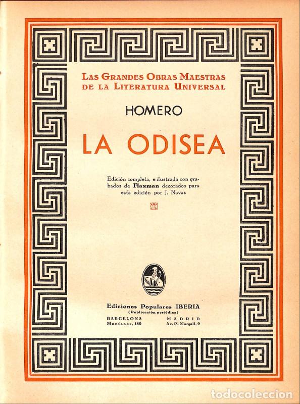 Libros antiguos: La Odisea - Homero - Ediciones Populares Iberia - 1932, 1&ordf; ed. - Grandes Obras Maestras - Trad. A. B
