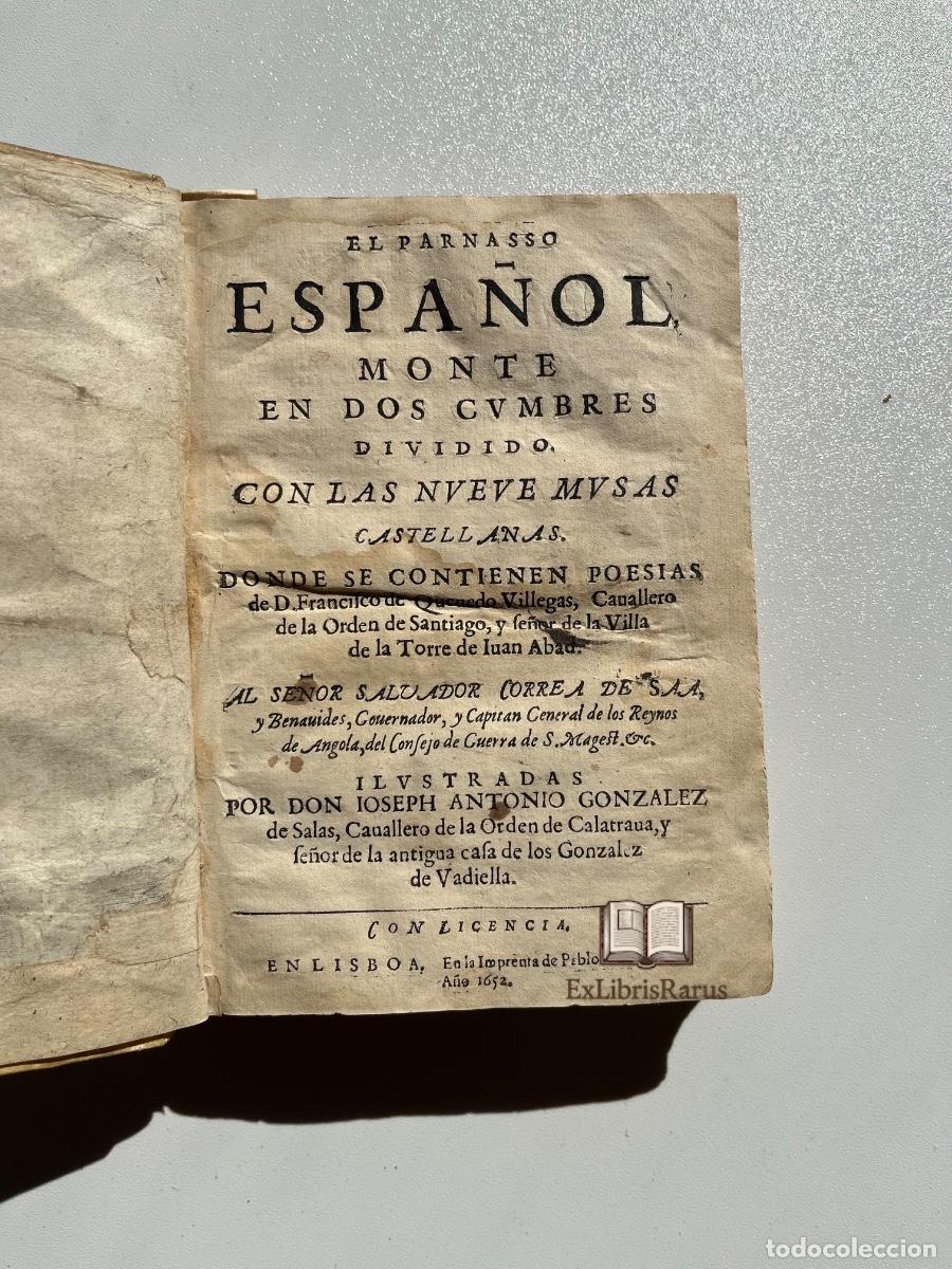 Libros antiguos: QUEVEDO &ndash; EL PARNASSO ESPA&Ntilde;OL &ndash; LISBOA 1652 &ndash; PABLO CRAESBEECK &ndash; FRONTISPICIO &ndash; PERGAMINO