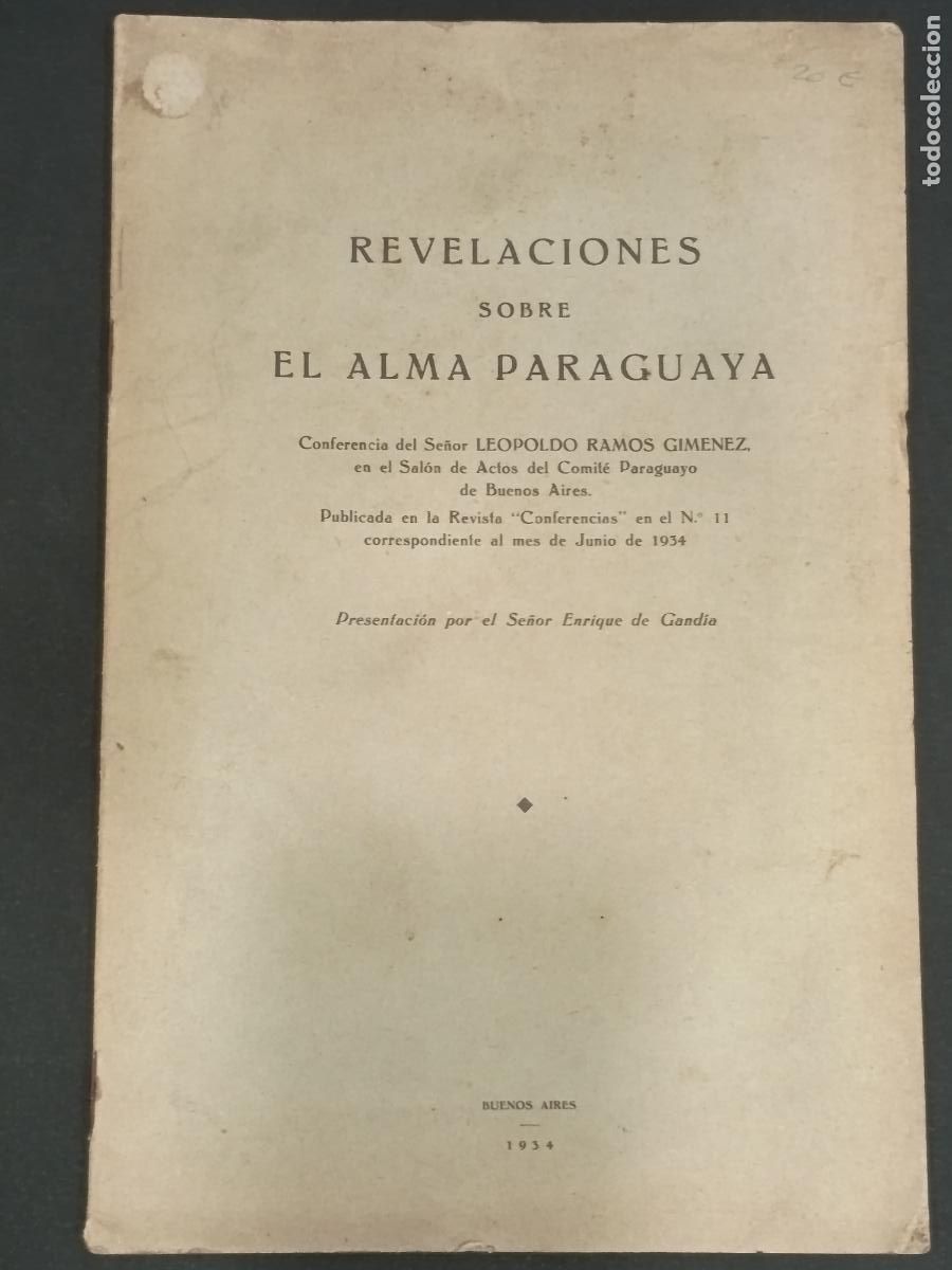 Libros antiguos: 1934 - LEOPOLDO RAMOS GIMENEZ. Revelaciones sobre el alma paraguaya