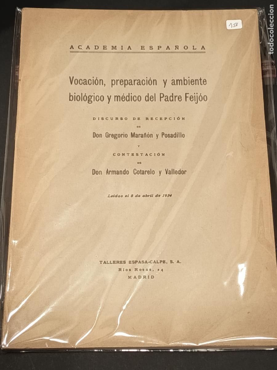 Libros antiguos: 1934 - GREGORIO MARA&Ntilde;ON. Vocaci&oacute;n, preparaci&oacute;n y ambiente biol&oacute;gico y m&eacute;dico del Padre Feij&oacute;o