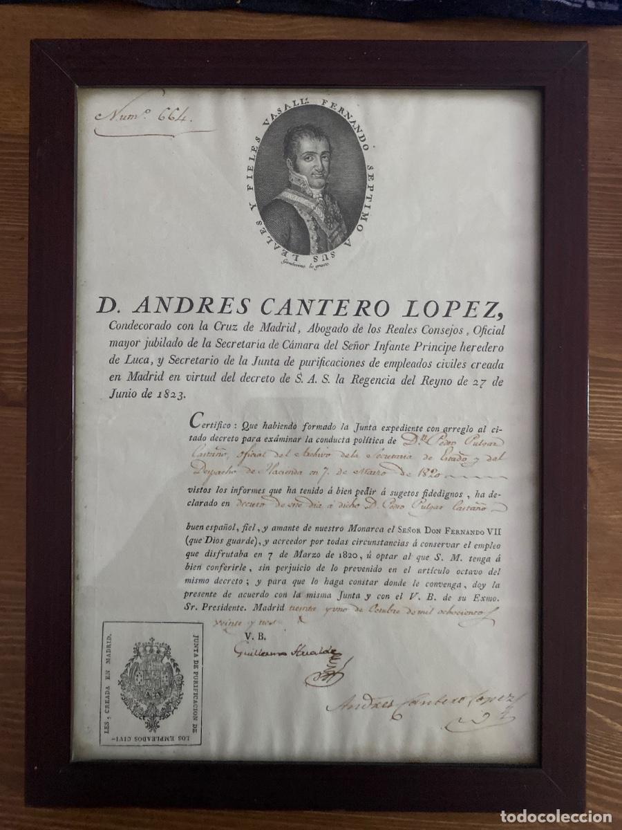 Libros antiguos: Certificado ANDRES CANTERO LOPEZ 1823 Cruz de Madrid Fernando VII, Oficial gobierno de Cordoba.