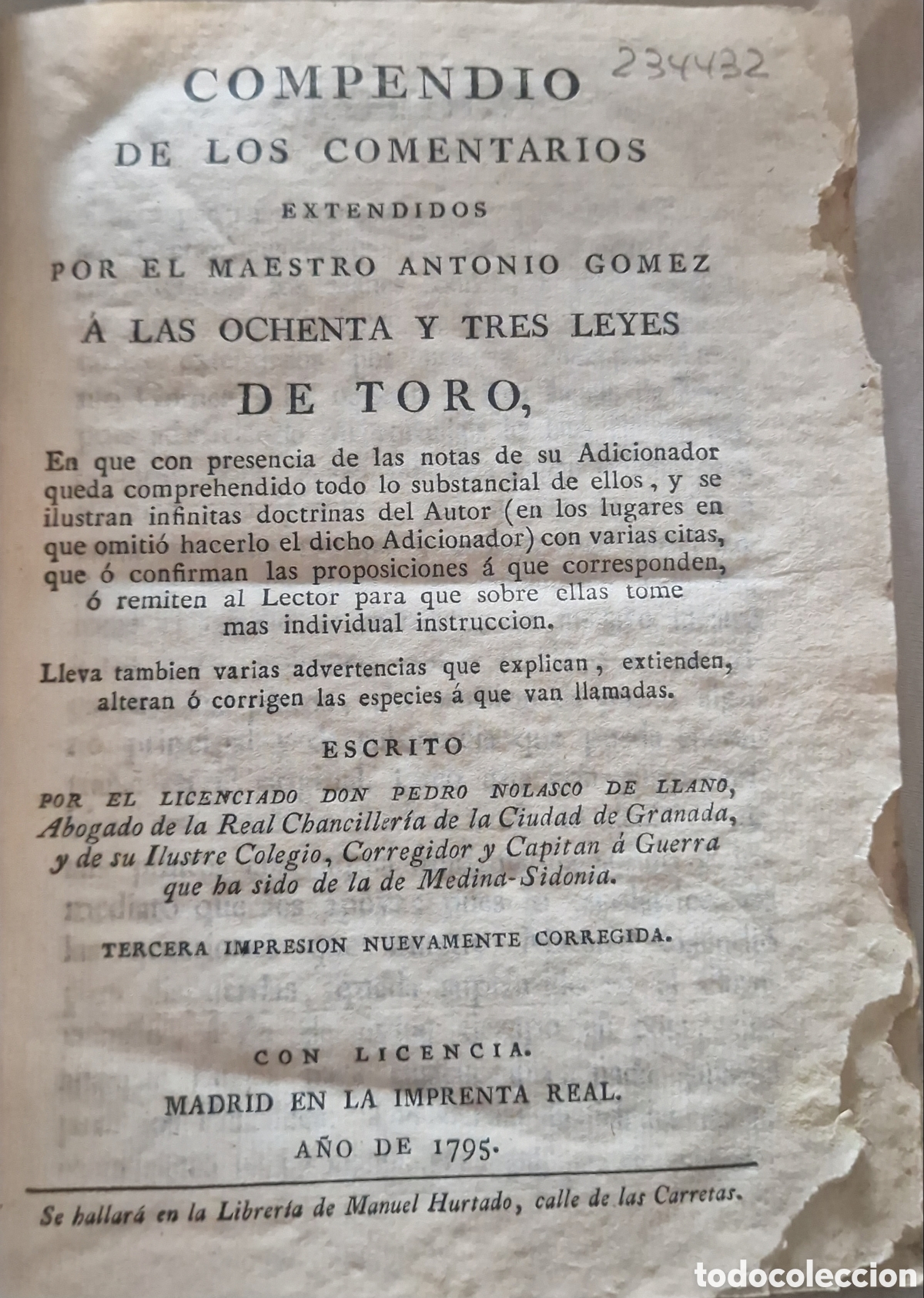 Libros antiguos: Compendio de las Leyes de Toro - Pedro Nolasco de Llano - Imprenta Real