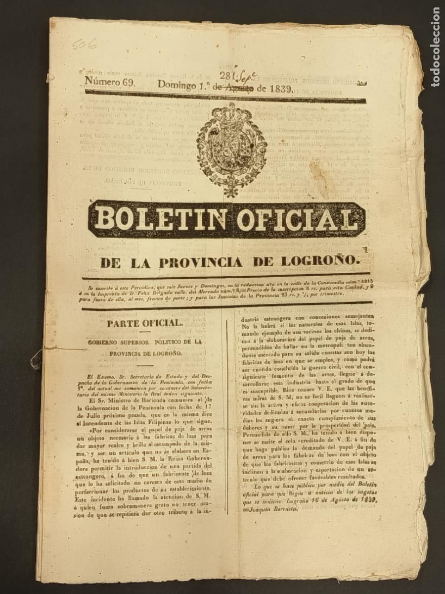 Libri antichi: Bolet&iacute;n oficial provincia Logro&ntilde;o N&uacute;m. 69 a 77 Domingo 1 de Septiembre a Domingo 29 Septiembre 1839
