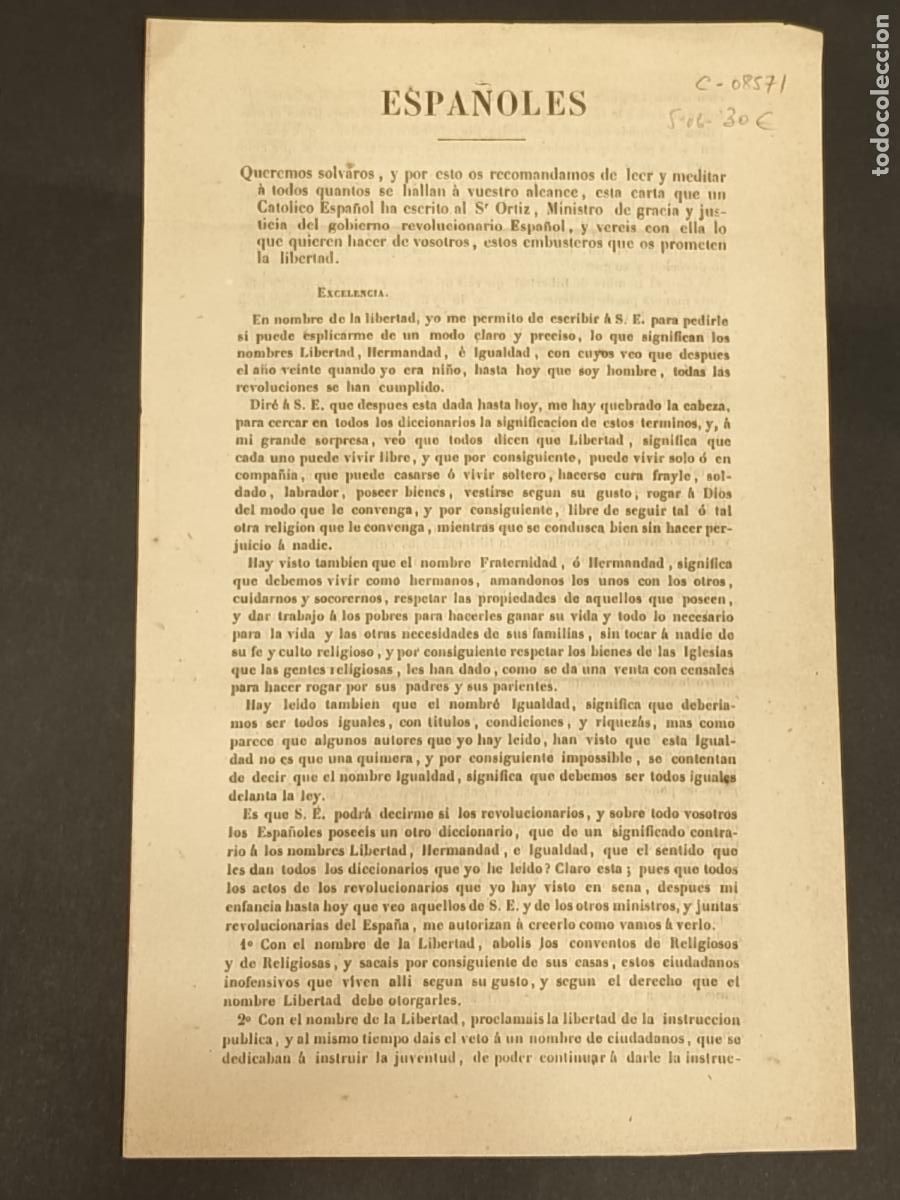 Libros antiguos: Espa&ntilde;oles Carta de Cat&oacute;lico Espa&ntilde;ol a Ortiz ministro gracia justicia gobierno revolucionario espa&ntilde;ol