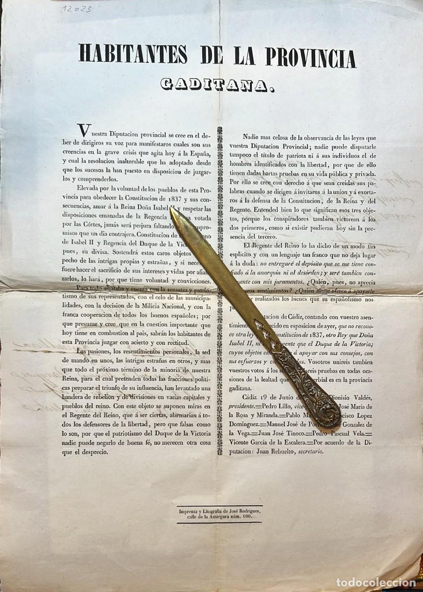 Libros antiguos: HABITANTES de la Provincia Gaditana. Vuestra Diputaci&oacute;n provincial se cree en el deber de dirigiros