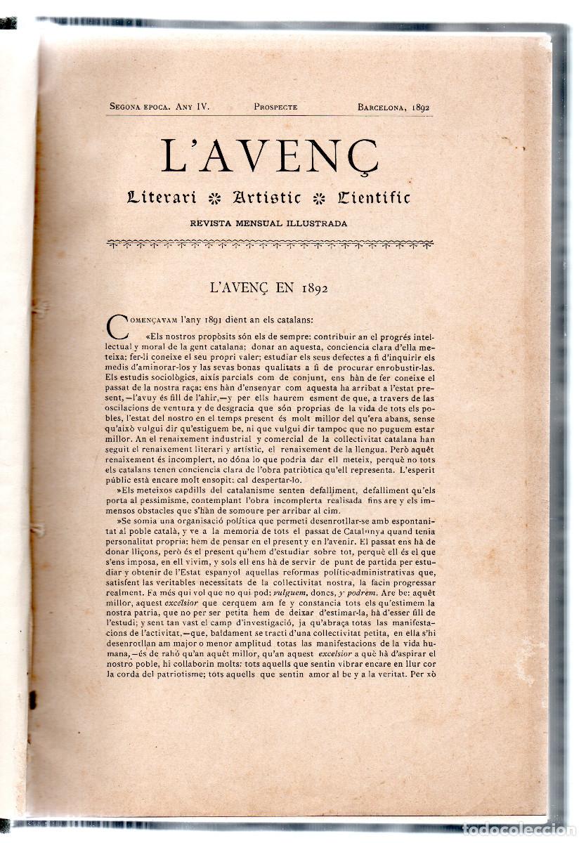 Libros antiguos: L'AVEN&Ccedil;. Literari, Art&iacute;stic, Cientific. Revista mensual ilustrada, 1892.
