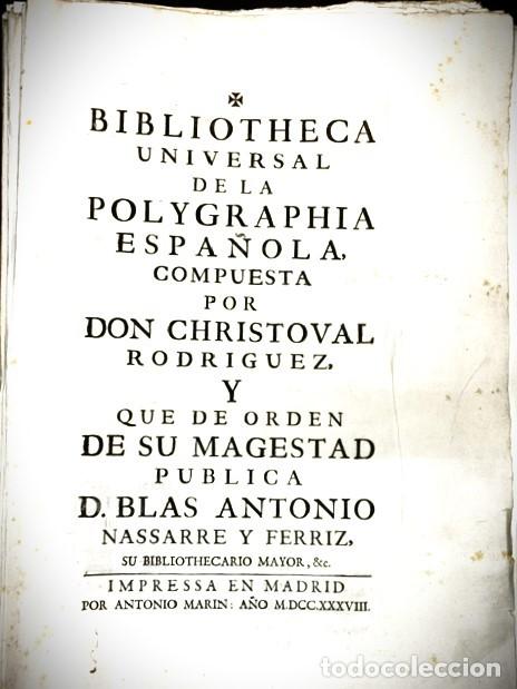 Libros antiguos: CRISTOBAL RODRIGUEZ ... BIBLIOTHECA UNIVERSAL DE LA POLYGRAPHIA ESPA&Ntilde;OLA ... 1738 - Foto 1