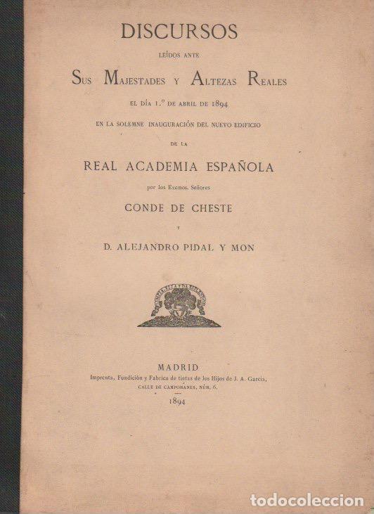 Libros antiguos: Discursos: conde de Cheste y D. Alejandro Pidal y Mon - 1894 - Foto 1