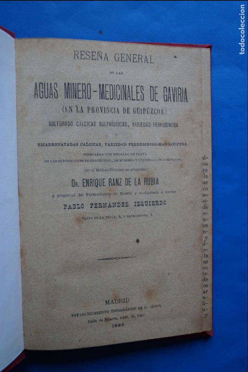 Libros antiguos: AGUAS MINERO MEDICINALES DE GAVIRIA. GUIPUZCOA. ENRIQUE RANZ DE LA RUBIA. 1889