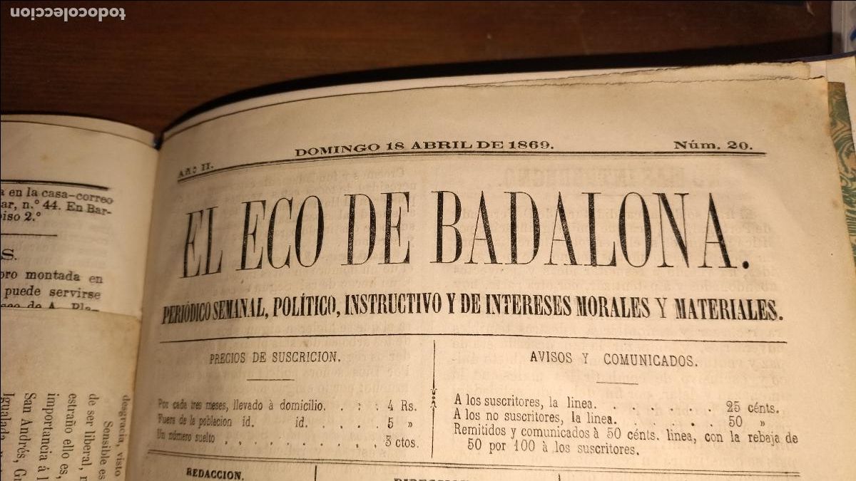 Libros antiguos: EL ECO DE BADALONA - A&Ntilde;OS 1868-1869 - PERIODICO SEMANAL - EXCEPCIONAL.