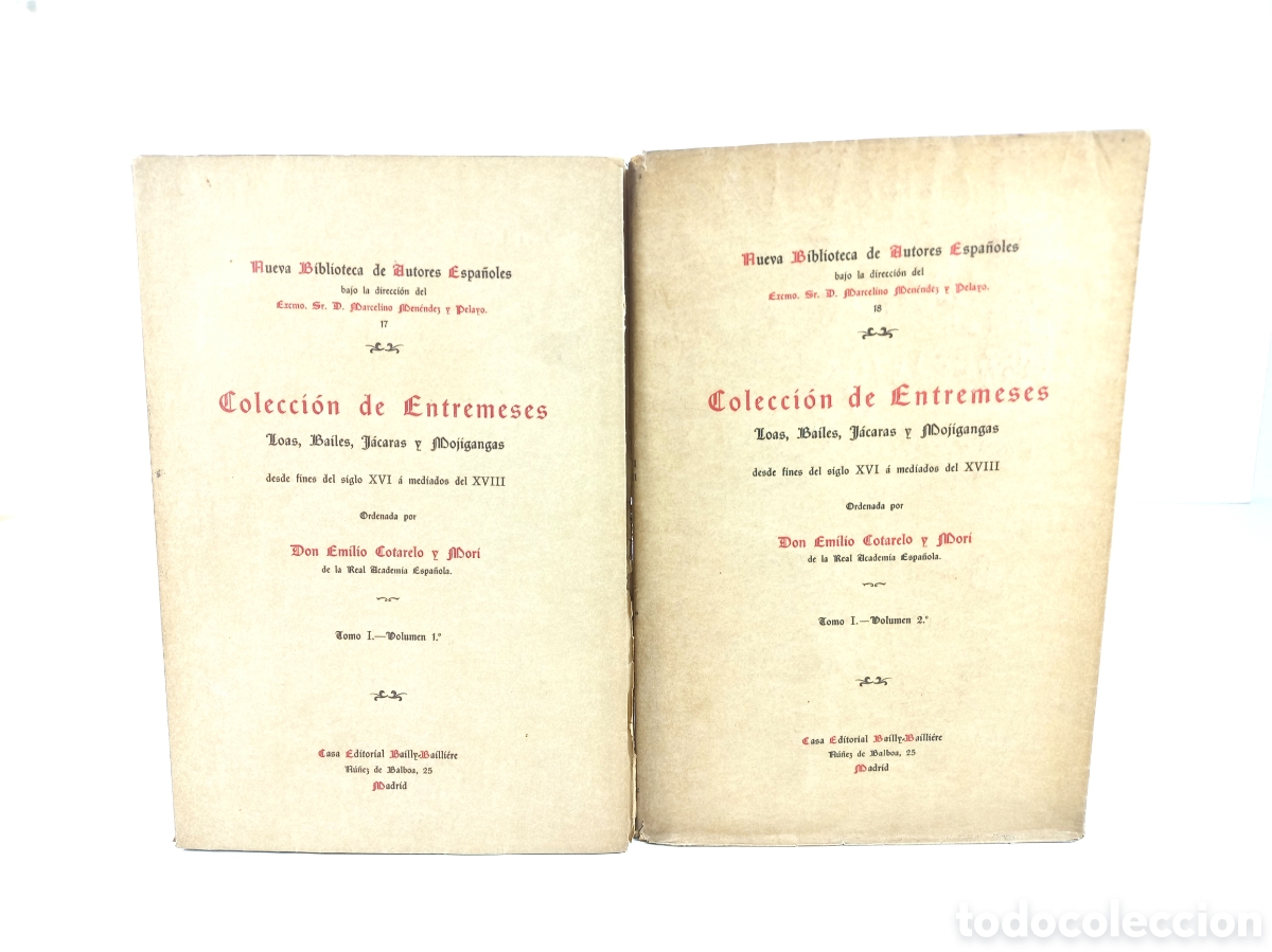 Libros antiguos: Colecci&oacute;n de Entremeses. Cotarelo y Mori. Nueva Biblioteca de Autores Espa&ntilde;oles, 1911. Intonso.
