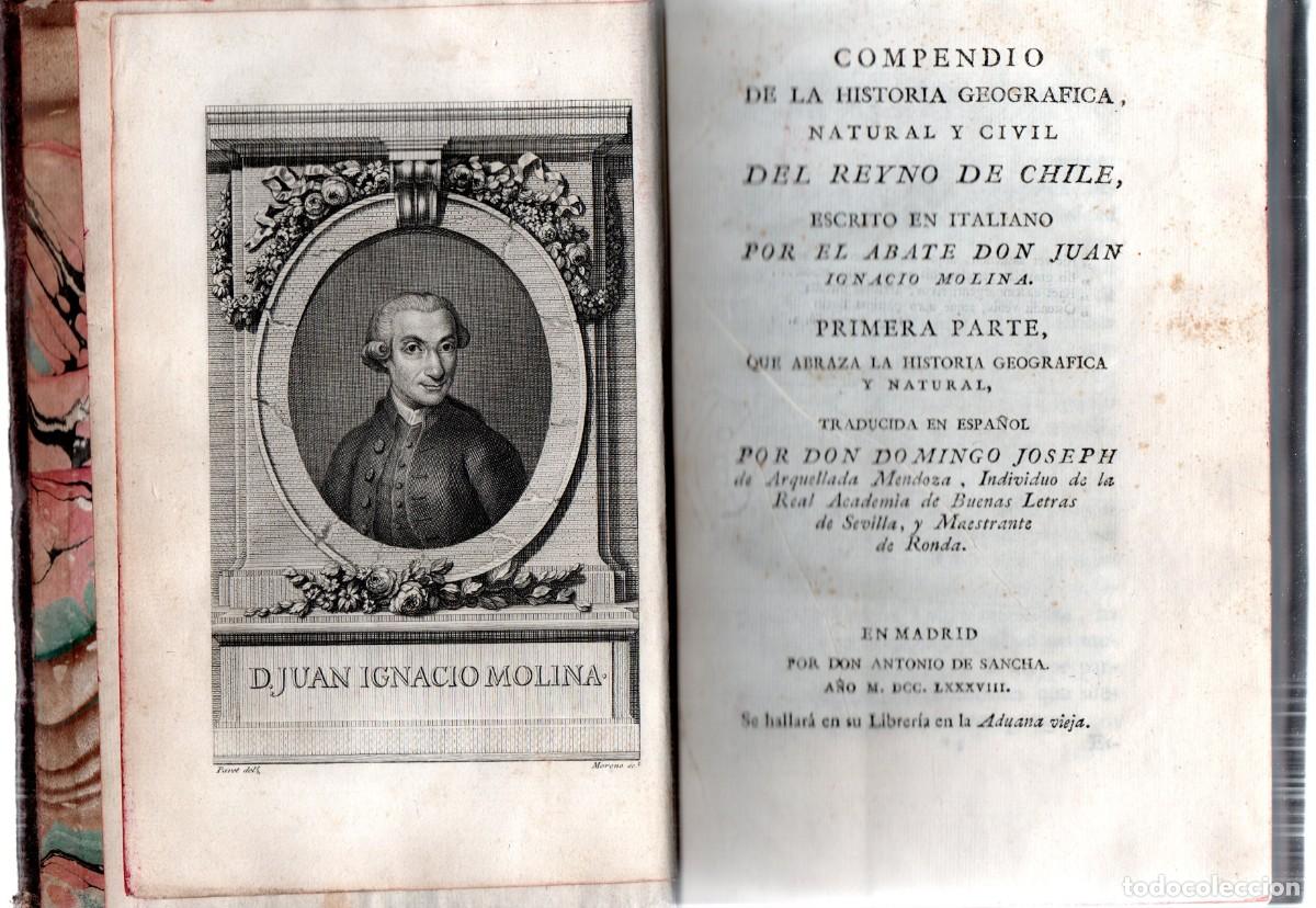 Libros antiguos: Compendio de la historia geogr&aacute;fica, natural y civil del Reyno de Chile. Vols. I, II. Molina, J I.