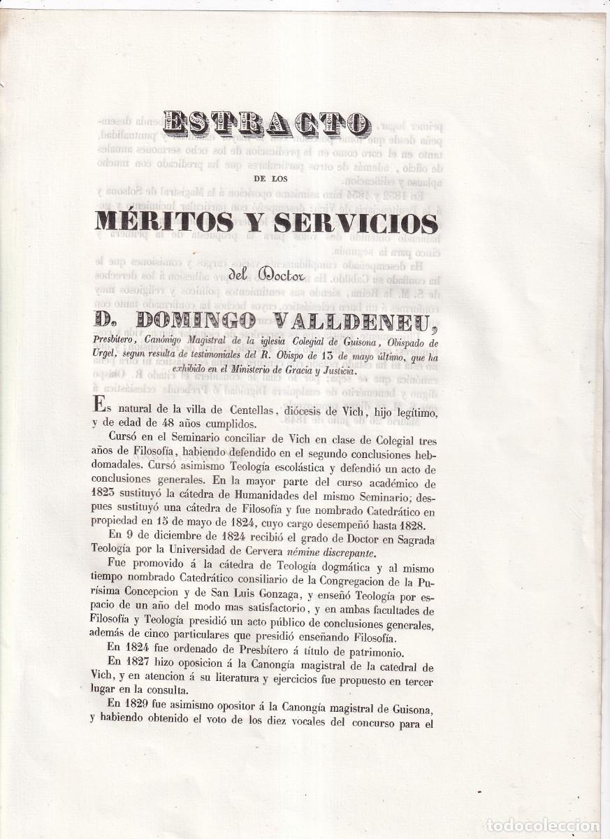 Libros antiguos: MERITOS Y SERVICIOS DE DOMINGO VALLDENEU. 1848. CENTELLA. VIC. MAGISTRAL DE GUISONA, URGELL