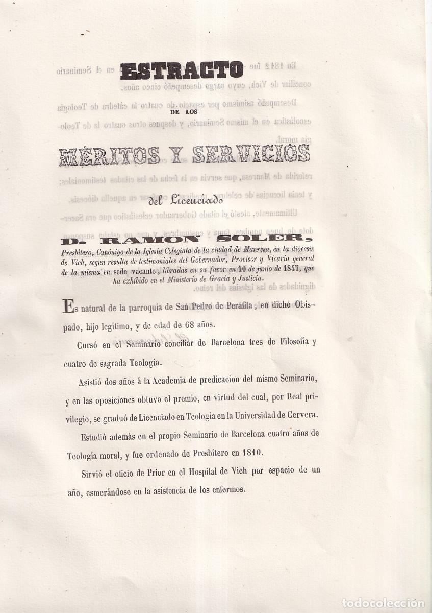 Libros antiguos: M&Eacute;RITOS Y SERVICIOS DE RAM&Oacute;N SOLER. 1852. SAN PEDRO DE PERAFITA. COLEGIATA DE MANRESA. VIC