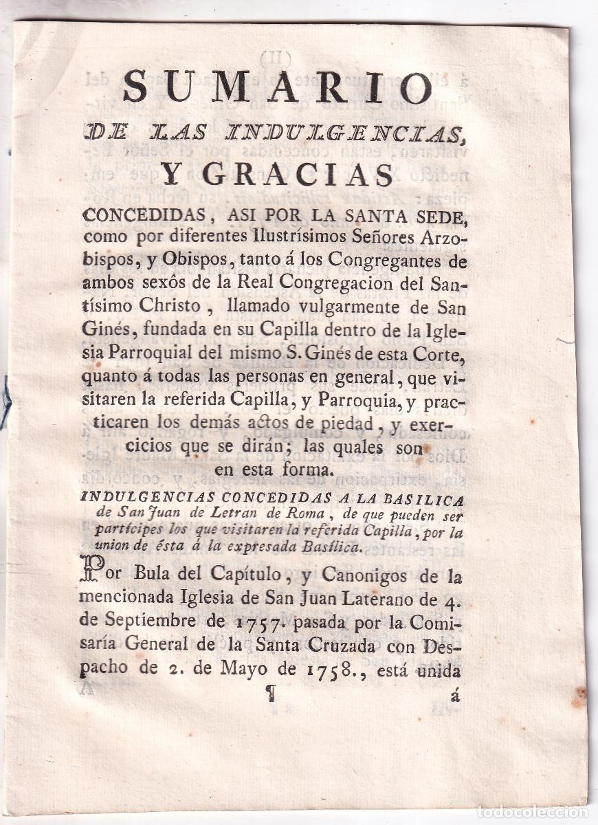 Libros antiguos: REAL CONGREGACI&Oacute;N DEL SANT&Iacute;SIMO CRISTO DE SAN GIN&Eacute;S. SUMARIO DE INDULGENCIAS. MADRID, 1796