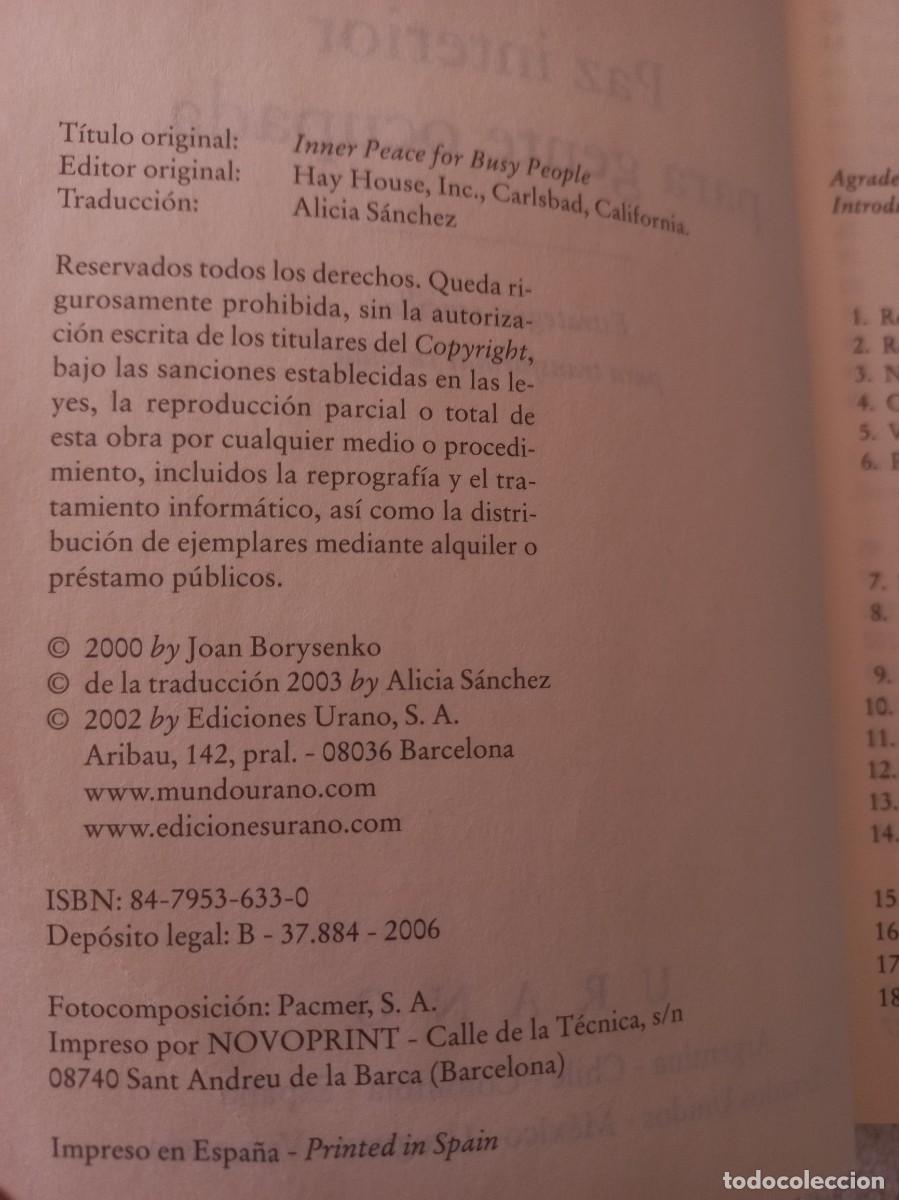 Libros: PAZ INTERIOR PARA GENTE OCUPADA Joan Borysenko - Foto 3