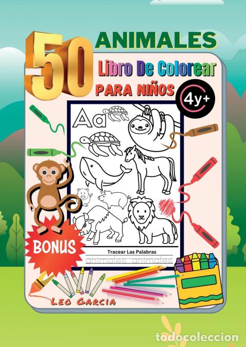 Libri: Libro Para Colorear de 50 Animales Para Ni&ntilde;os 4+ Extra Parte Para Rastrear Las Palabras Visuales - 5