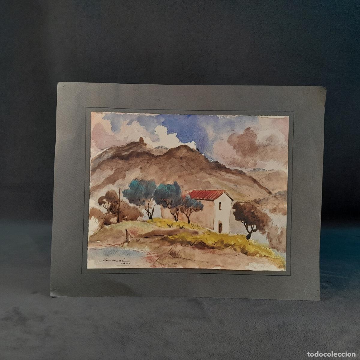 Libros: DIBUJO EN ACUARELA SOBRE PASPART&Uacute; PINTADO A MANO DE PAISAJE RURAL.MARC&Eacute;.1934.