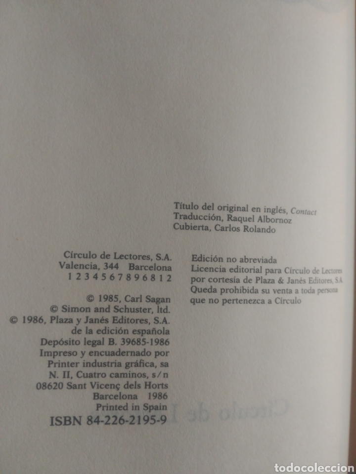 Libros de segunda mano: Contacto ,Carl Sagan.Editorial C&iacute;rculo de Lectores - Foto 4