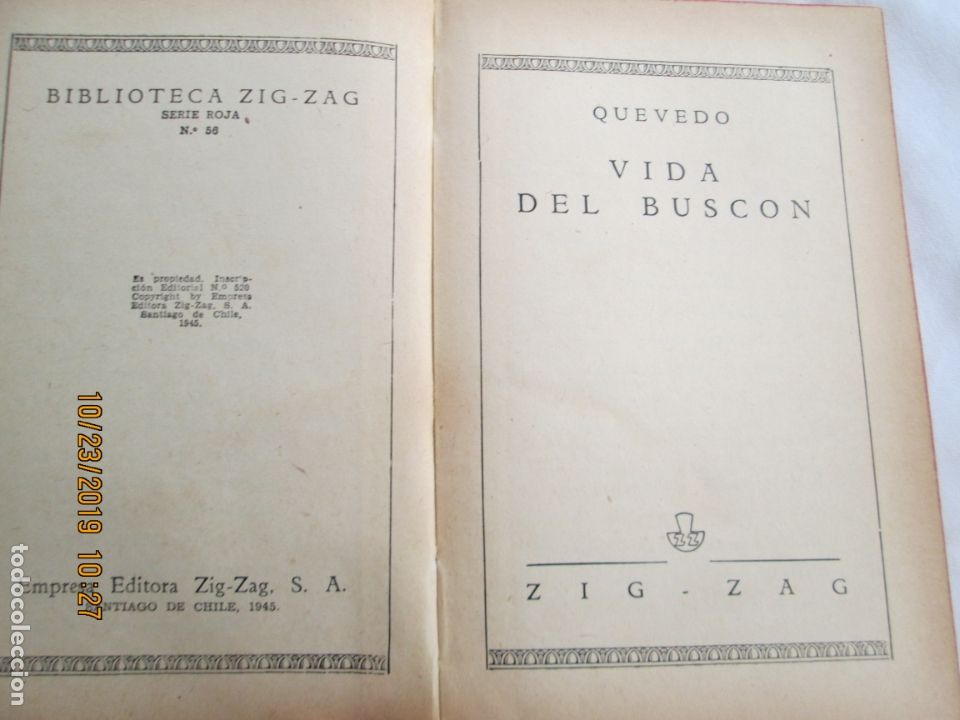 Libros de segunda mano: QUEVEDO - VIDA DEL BUSC&Oacute;N - BIBLIOTECA ZIG-ZAG 1945. - Foto 2