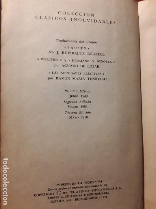 Libros de segunda mano: Obras selectas, de Goethe. El ateneo (Argentina), 1958 - Foto 2