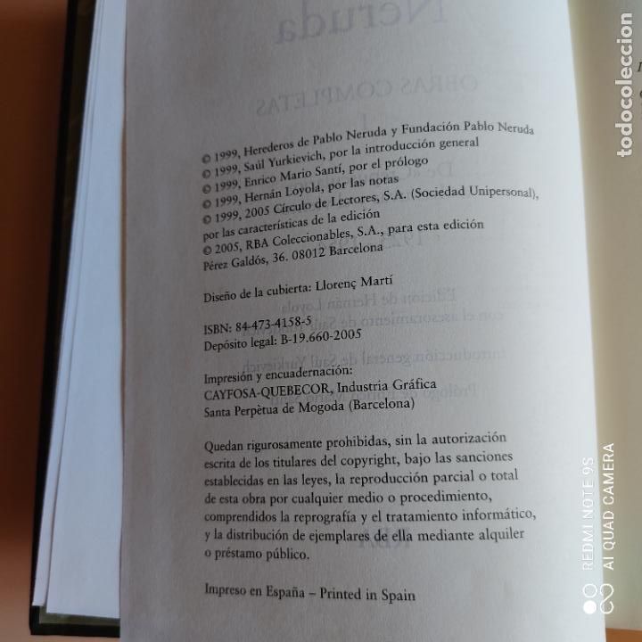 Libros de segunda mano: OBRAS COMPLETAS I. PABLO NERUDA. INSTITUTO CERVANTES. 2005. PAGS. 1279. - Foto 2