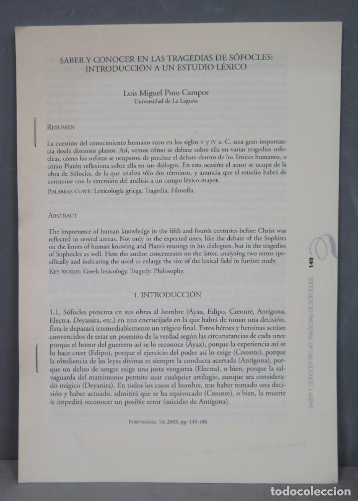 Libros de segunda mano: SABER Y CONOCER EN LAS TRAGEDIAS DE SOFOCLES. INTRODUCCION ESTUDIO LEXICO. PINO CAMPOS. SEPARATA - Foto 1