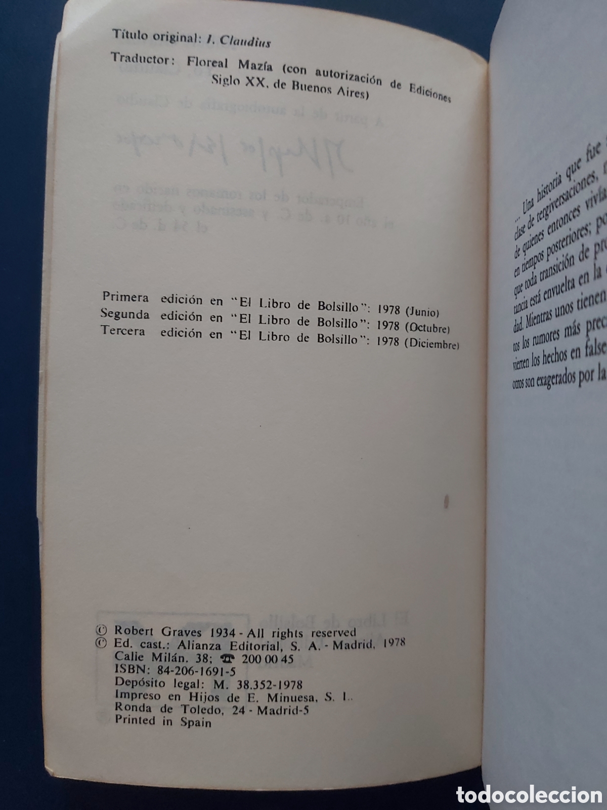 Libros de segunda mano: YO CLAUDIO- ROBERT GRAVES- ALIANZA EDITORIAL- 3 EDICI&Oacute;N 1978 - Foto 3