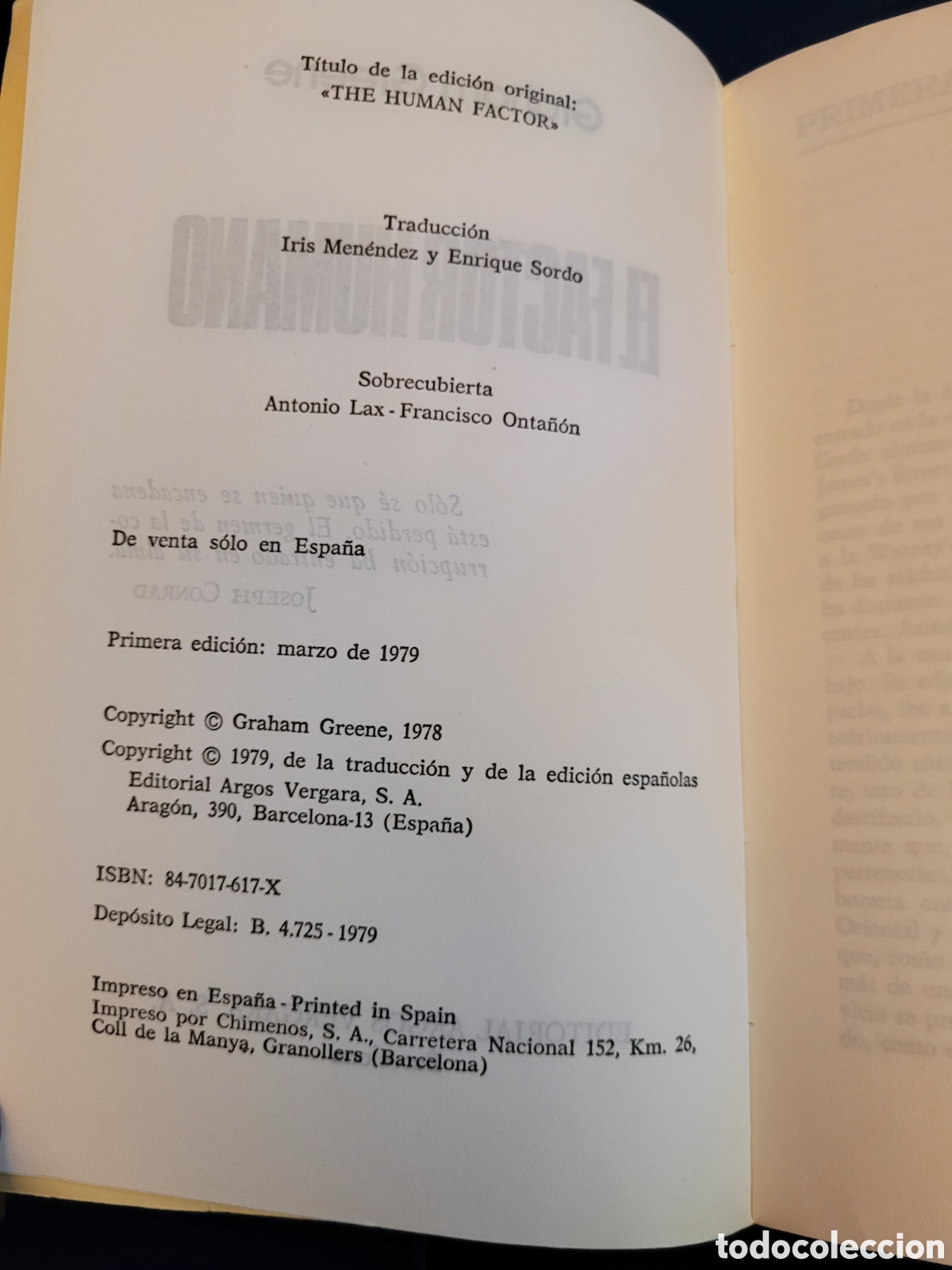 Libros de segunda mano: EL FACTOR HUMANO # GRAHAM GREENE # ARGOS VERGARA PRIMERA EDICI&Oacute;N 1979 - Foto 3