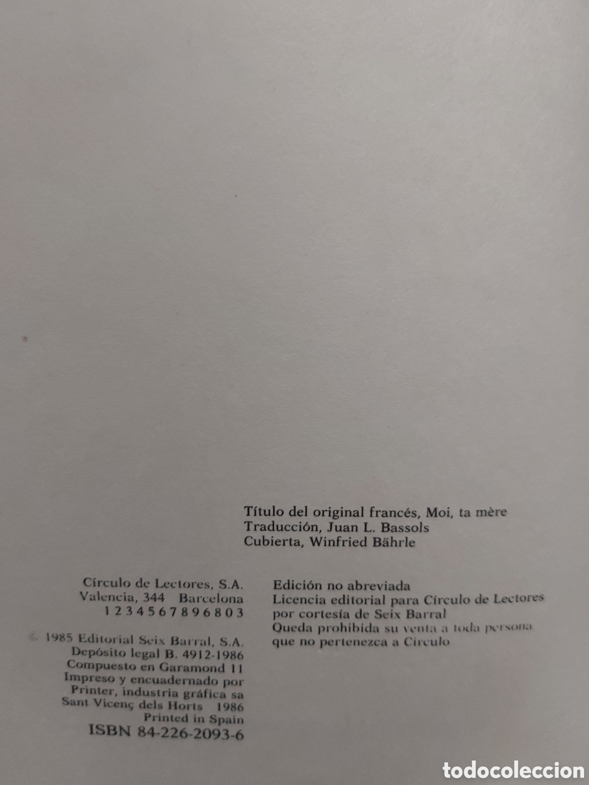 Libros de segunda mano: YO, TU MADRE # CHRISTIANE COLLANGE # C&Iacute;RCULO DE LECTORES # 1986 - Foto 4