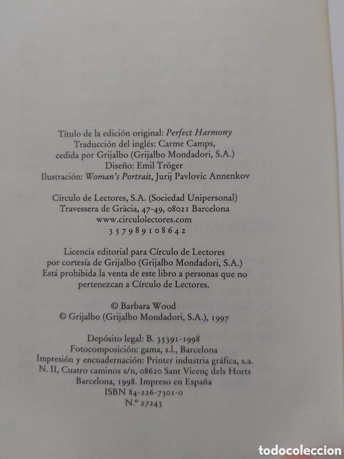 Libros de segunda mano: ARMON&Iacute;A ROTA # BARBARA WOOD # C&Iacute;RCULO DE LECTORES # 1997 - Foto 5
