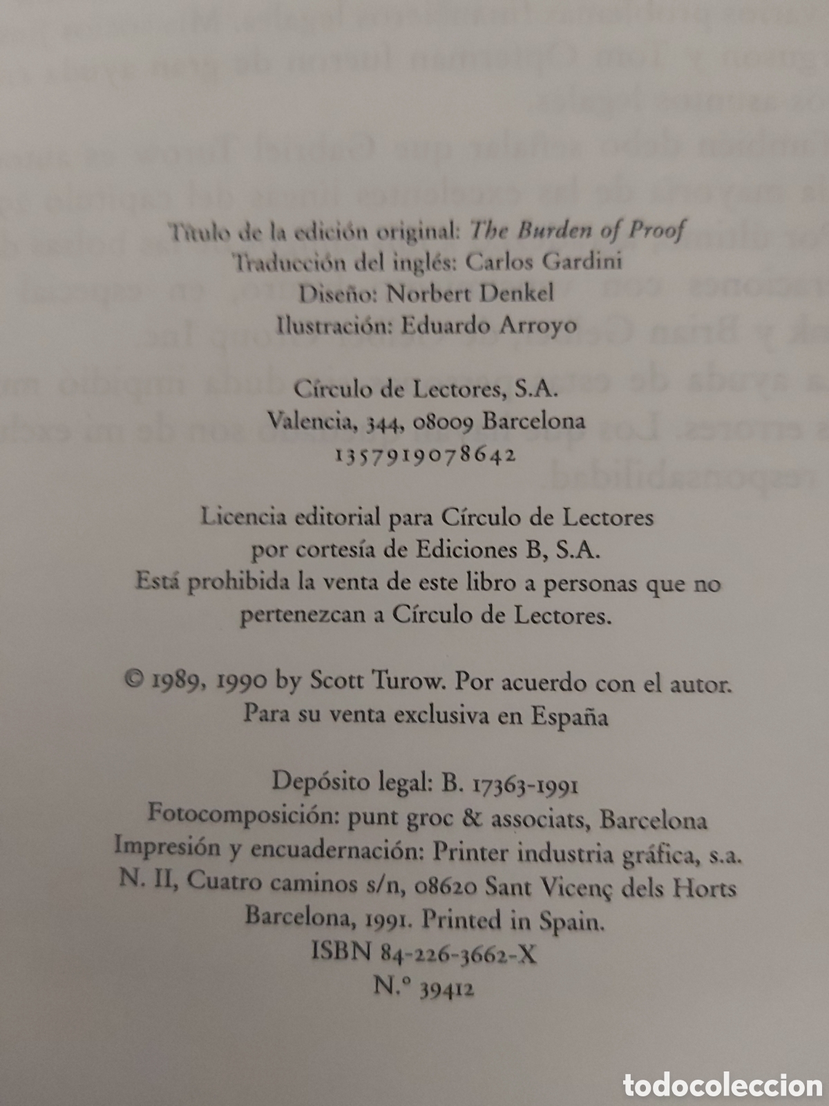 Libros de segunda mano: EL PESO DE LA PRUEBA # SCOTT TUROW # C&Iacute;RCULO DE LECTORES # 1991 - Foto 4