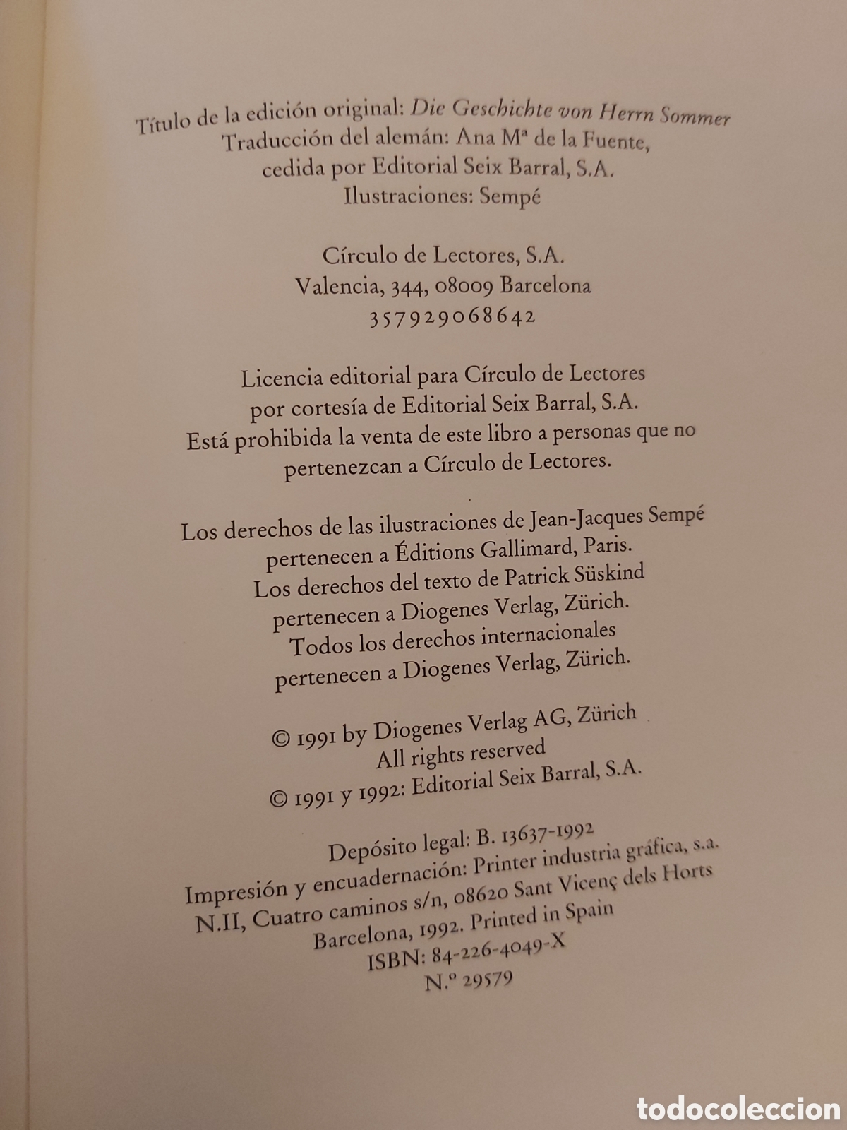 Libros de segunda mano: LA HISTORIA DEL SE&Ntilde;OR SOMMER # PATRICK S&Uuml;SKIND # C&Iacute;RCULO DE LECTORES # 1991 - Foto 4