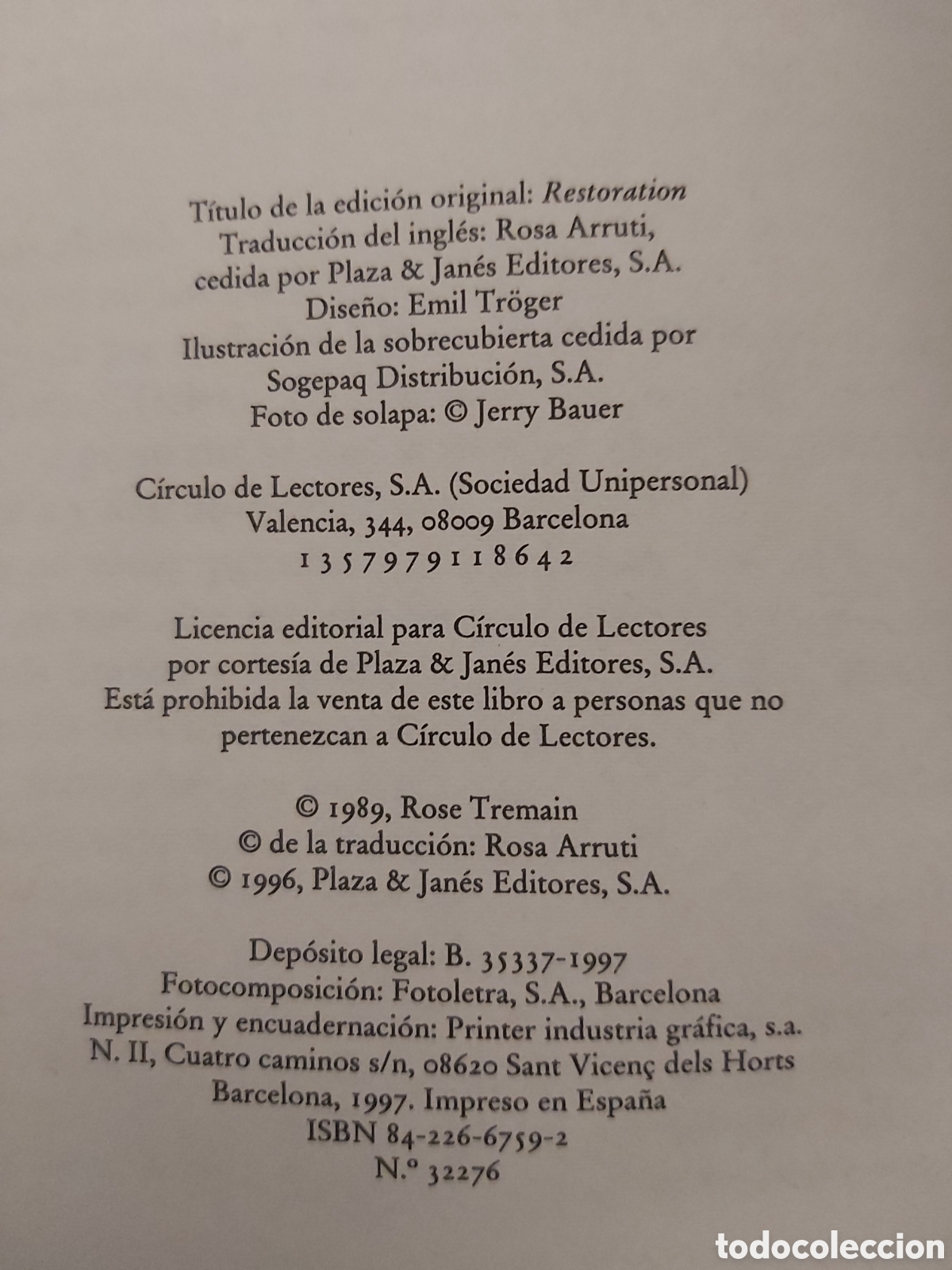 Libros de segunda mano: RESTAURACI&Oacute;N # ROSE TREMAIN # C&Iacute;RCULO DE LECTORES # 1996 - Foto 4