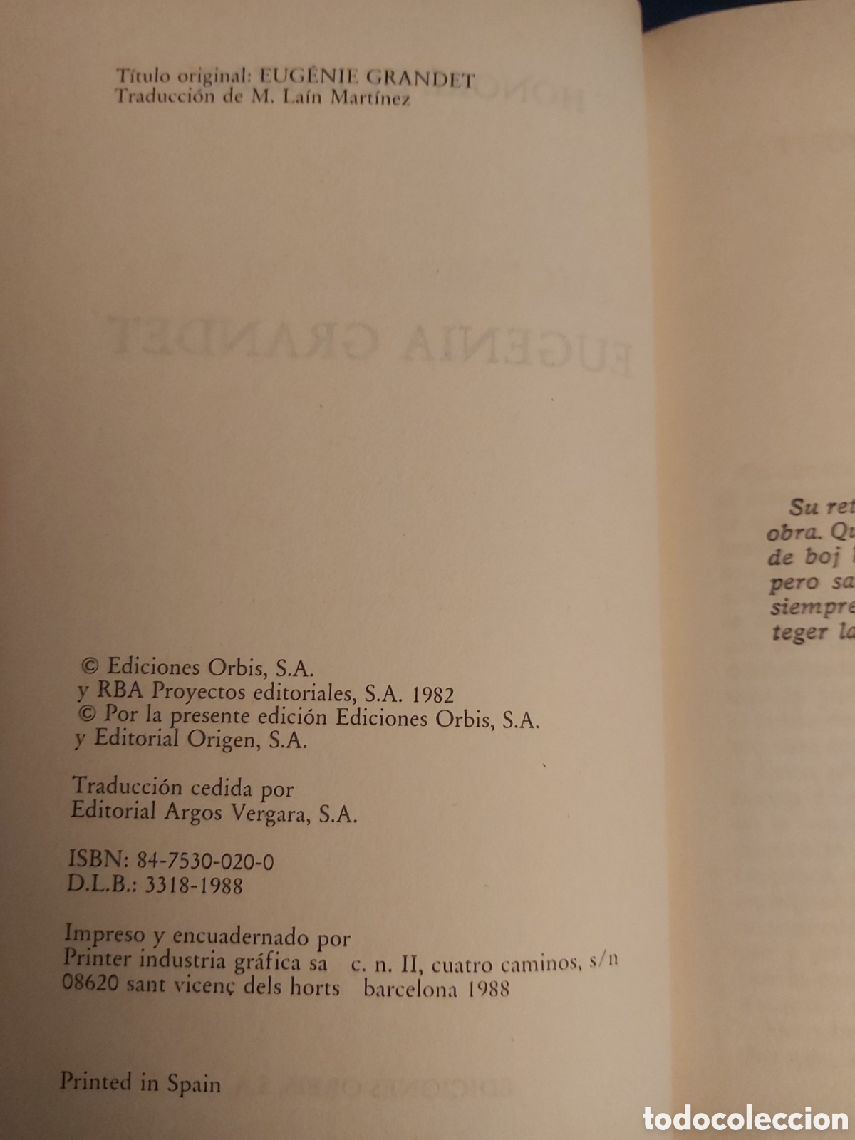 Libros de segunda mano: HONOR&Eacute; DE BALZAC $ EUGENIA GRANDET $ ORBIS $ 1982 - Foto 4