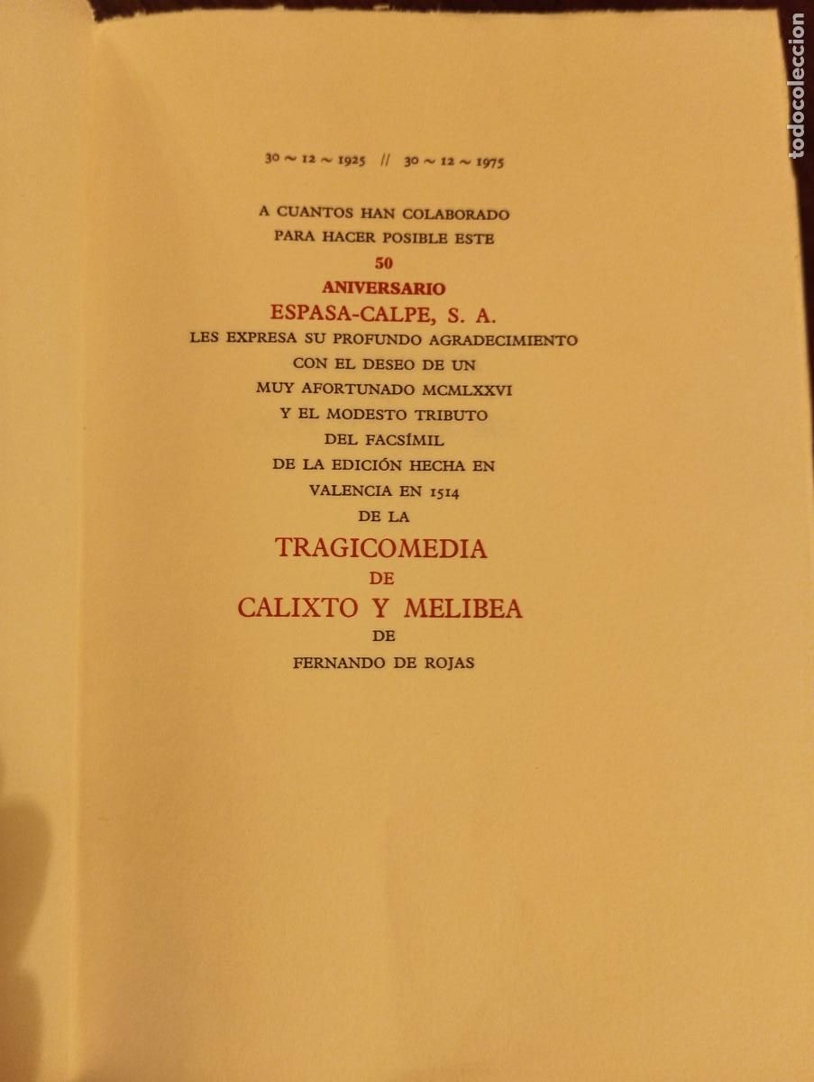 Libros de segunda mano: Tragicomedia de Calisto y Melibea. Facsimil Espasa Calpe. - Foto 3