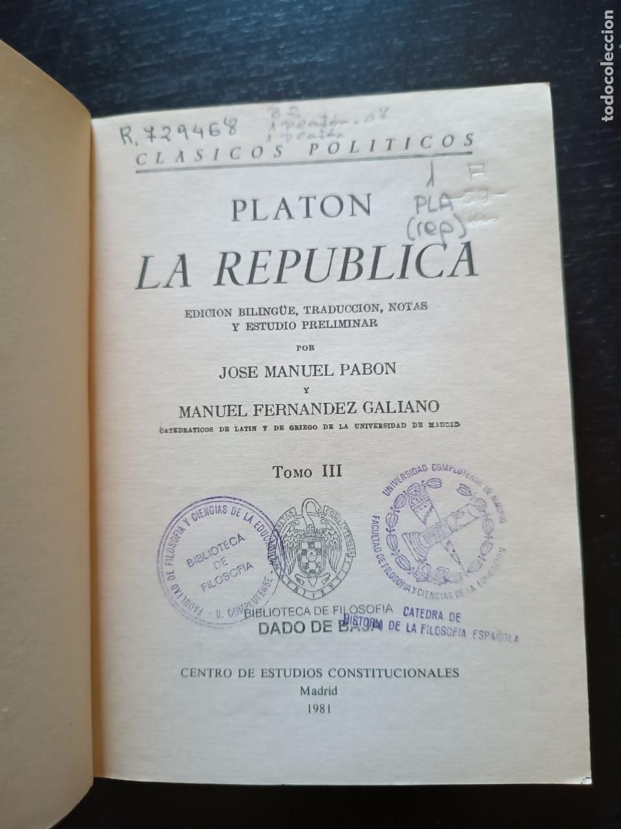 Libros de segunda mano: La Rep&uacute;blica V-III - Plat&oacute;n. Centro de Estudios Constitucionales - Foto 6