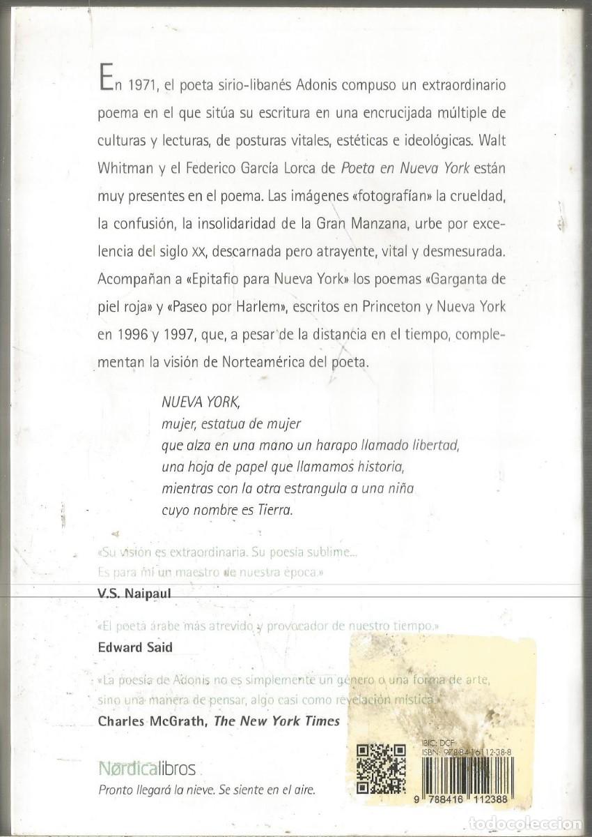 Libros de segunda mano: ADONIS. EPITAFIO PARA NUEVA YORK. NORDICA - Foto 2