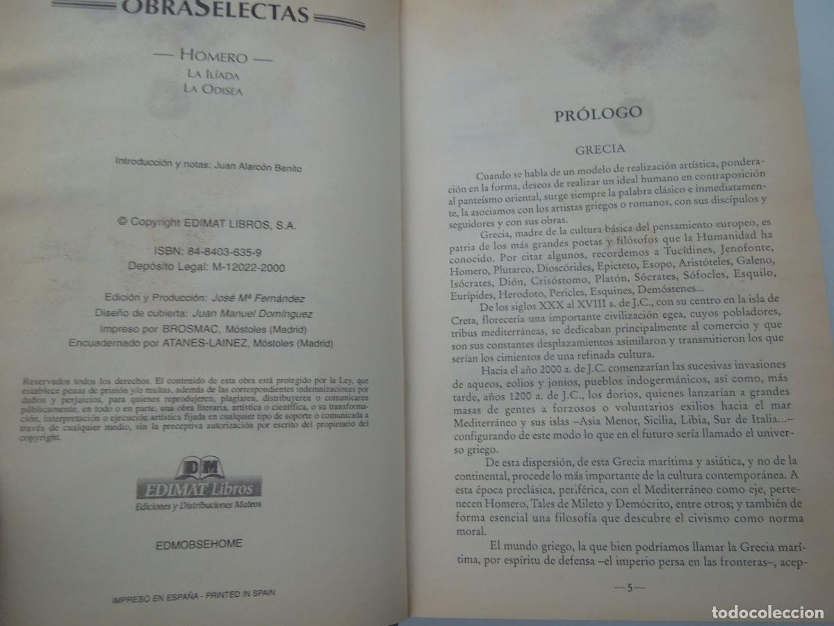 Libros de segunda mano: HOMERO OBRAS SELECTAS LA ILIADA LA ODISEA - EDIMAT LIBROS 2000. - Foto 5