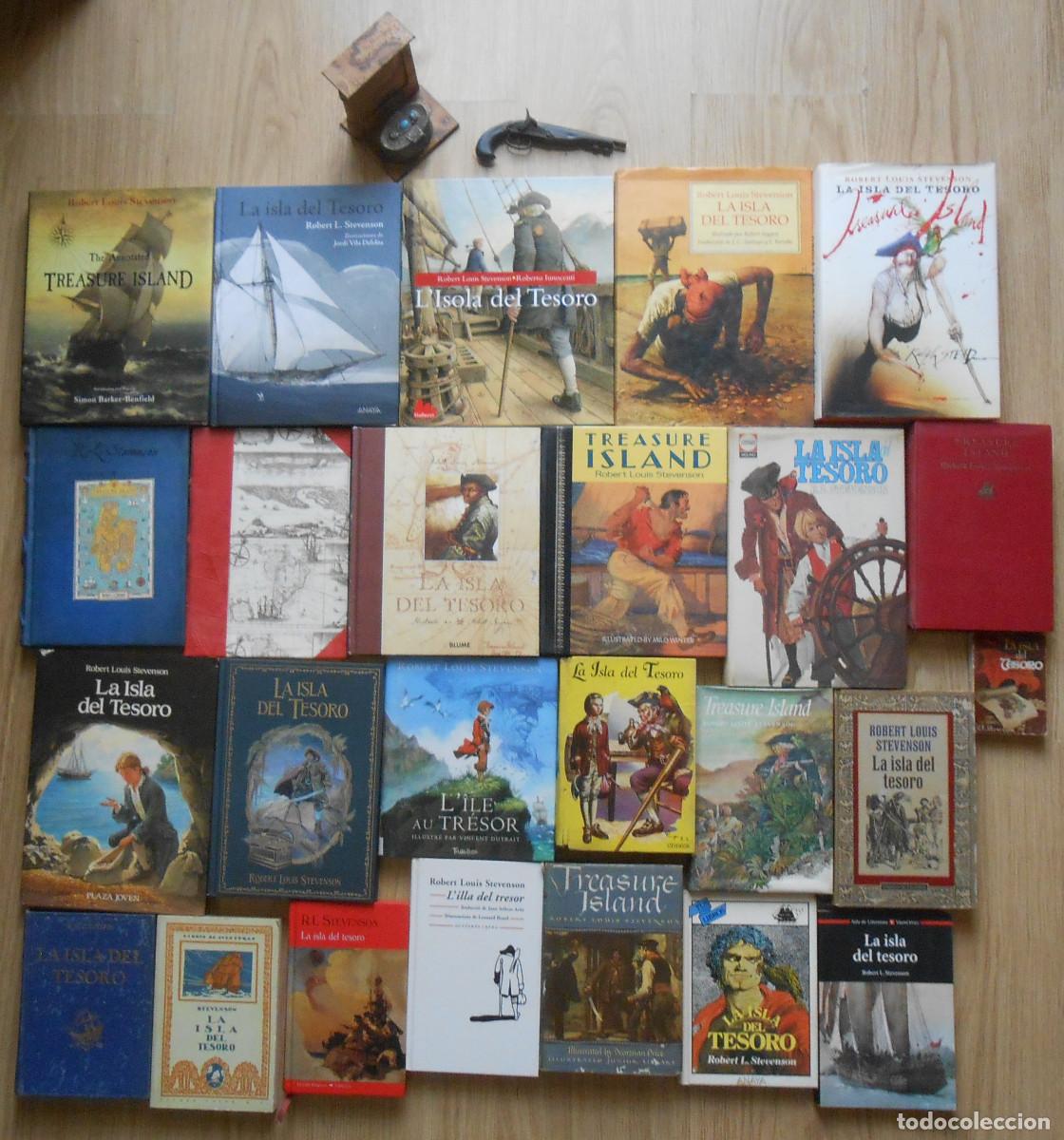 Libros de segunda mano: LOTE ESPECTACULAR DE LA ISLA DEL TESORO DE ROBERT LOUIS STEVENSON. 25 LIBROS CON ILUSTRACIONES